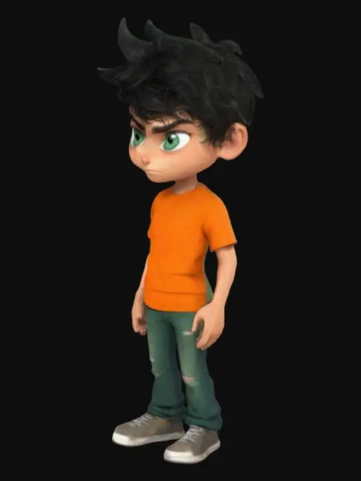 3D model for Teenage boy with messy black hair and sea-green eyes. He has an athletic, slightly lean build, appearing like someone who runs and fights regularly. His expression is mischievous yet determined, with a confident stance. He wears a casual orange T-shirt and jeans, slightly worn from adventure. His features are sharp but friendly, resembling his mother, yet carrying a strong, almost mythical presence. His posture suggests readiness for action, as if always prepared for the next challenge.