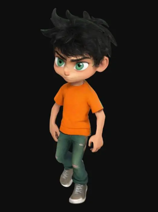 3D model for Teenage boy with messy black hair and sea-green eyes. He has an athletic, slightly lean build, appearing like someone who runs and fights regularly. His expression is mischievous yet determined, with a confident stance. He wears a casual orange T-shirt and jeans, slightly worn from adventure. His features are sharp but friendly, resembling his mother, yet carrying a strong, almost mythical presence. His posture suggests readiness for action, as if always prepared for the next challenge.