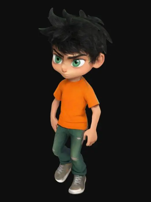 3D model for Teenage boy with messy black hair and sea-green eyes. He has an athletic, slightly lean build, appearing like someone who runs and fights regularly. His expression is mischievous yet determined, with a confident stance. He wears a casual orange T-shirt and jeans, slightly worn from adventure. His features are sharp but friendly, resembling his mother, yet carrying a strong, almost mythical presence. His posture suggests readiness for action, as if always prepared for the next challenge.