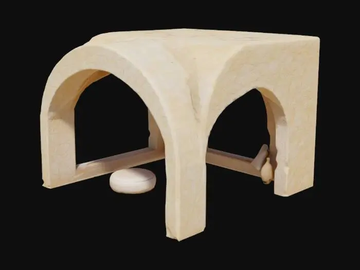 3D model for An organic cave-inspired architectural curve wall with a large arched opening, textured stone surface, natural light, Mediterranean minimal style. The space includes soft round seating and natural wood textures. Emphasize the curved entrance and rough wall texture. No people. For 3D modeling reference.
