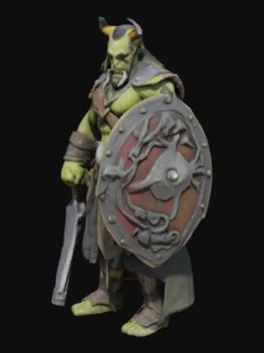 3D model for genera un orco con un occhio molto alto verde vestito e armato di spada e scudo 
