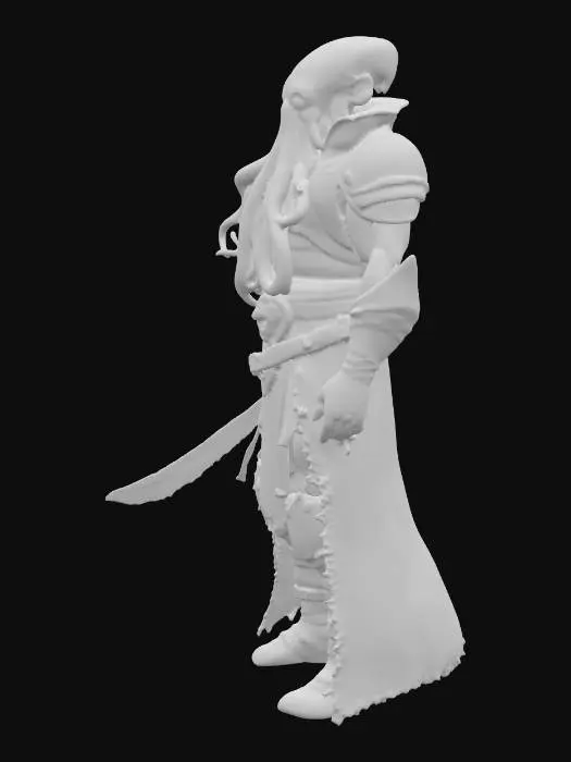 3D model for A fantasy pirate warrior, with a powerful humanoid body, an imposing squid-like head featuring large, intelligent eyes, and several strong tentacles replacing its lower arms and legs. It wears barnacle-encrusted, dark leather armor over a flowing, tattered coat, adorned with a skull motif. Its skin is a slick, deep ocean blue, transitioning to a mottled grey on its textured tentacles, each tipped with iridescent suckers. A gleaming, serrated cutlass is clutched in one muscular, tentacled hand.