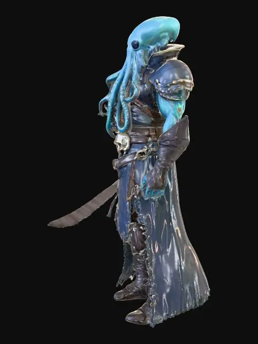 3D model for A fantasy pirate warrior, with a powerful humanoid body, an imposing squid-like head featuring large, intelligent eyes, and several strong tentacles replacing its lower arms and legs. It wears barnacle-encrusted, dark leather armor over a flowing, tattered coat, adorned with a skull motif. Its skin is a slick, deep ocean blue, transitioning to a mottled grey on its textured tentacles, each tipped with iridescent suckers. A gleaming, serrated cutlass is clutched in one muscular, tentacled hand.