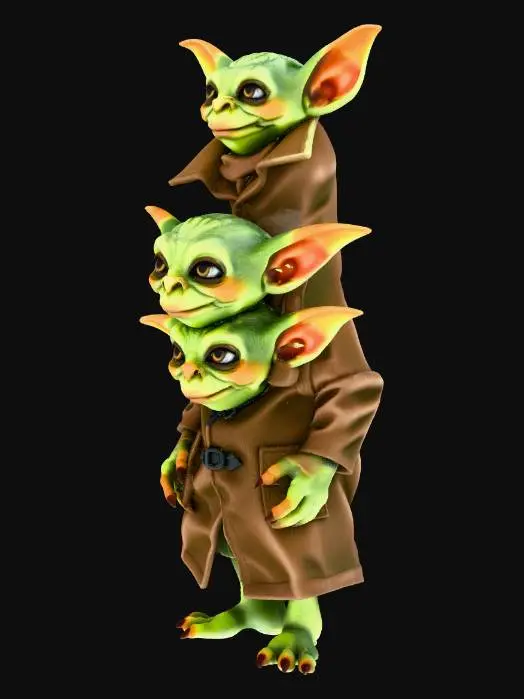 3D model for 3 goblins stack on top of one another wearing a trench coat