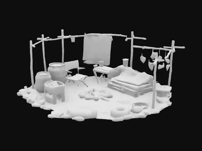 3D model for Feuerstelle: Mit Steinen umrundetes Lagerfeuer
Sitzgelegenheit: Klappstuhl, Autositze oder Kisten
Wasserfass: Mit Deckel, rostig, evtl. Radioaktivitäts-Warnschild
Alte Reifen, Werkzeuge, Windspiel aus Löffeln Draht.Schlafplatz: Matratze auf Paletten, Decken aus Müllsäcken oder Planen
Metallkiste, Schränkchen, Ammo-Boxen
Kochnische: Mini-Herd (Gasflasche + Topf), verrostete Pfanne
Lichtquellen: Batterielichter, Lichterkette, Öllampe
Wanddeko: Alte Poster, Karten, eingeritzte Markierungen