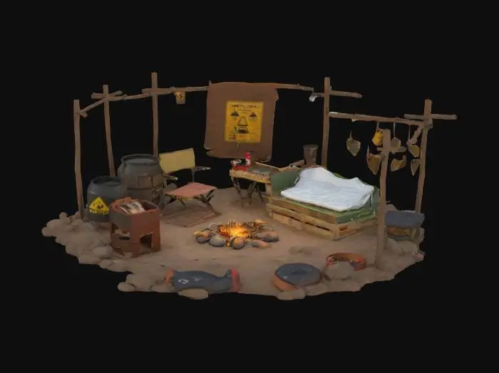 3D model for Feuerstelle: Mit Steinen umrundetes Lagerfeuer
Sitzgelegenheit: Klappstuhl, Autositze oder Kisten
Wasserfass: Mit Deckel, rostig, evtl. Radioaktivitäts-Warnschild
Alte Reifen, Werkzeuge, Windspiel aus Löffeln Draht.Schlafplatz: Matratze auf Paletten, Decken aus Müllsäcken oder Planen
Metallkiste, Schränkchen, Ammo-Boxen
Kochnische: Mini-Herd (Gasflasche + Topf), verrostete Pfanne
Lichtquellen: Batterielichter, Lichterkette, Öllampe
Wanddeko: Alte Poster, Karten, eingeritzte Markierungen