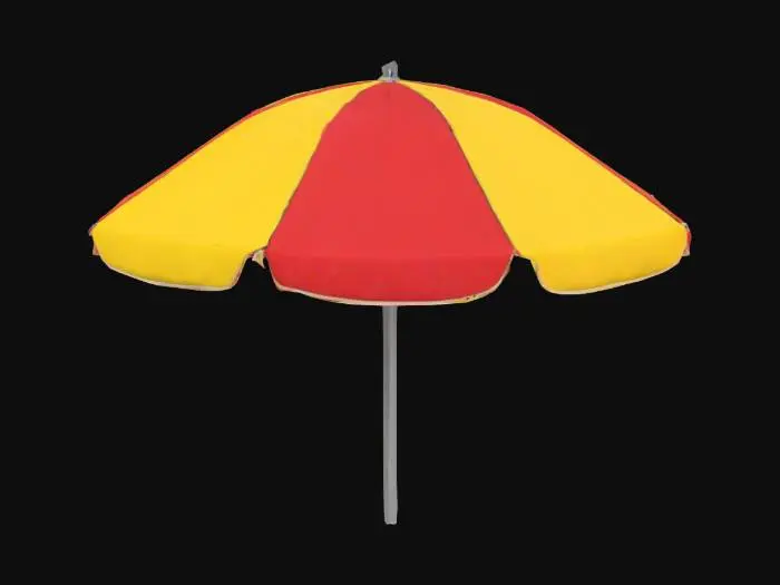 3D model for a colorful beach umbrella stuck in the sand, realistic cloth folds and metal pole, game ready, high resolution PBR textures, clean topology, UV unwrapped, optimized for real-time rendering
