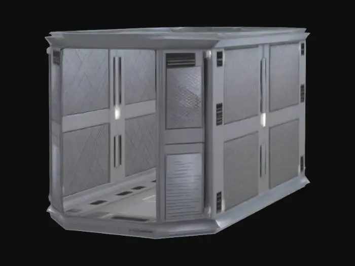 3D model for Futuristic sci-fi corridor wall, 4x4 meters, 0.3 meters thick, polished silver-gray metal with engraved diagonal grid pattern, narrow white LED strip at top edge, small rectangular ventilation slits at bottom, PBR textures with normal and emissive maps, modular design for seamless snapping