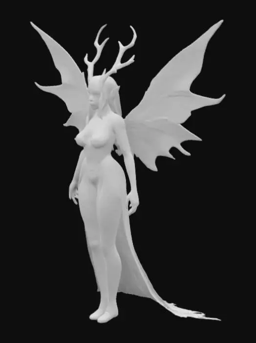 3D model for Game asset , Fliegender hochgewachsener, demonischer  Elf mit schimmernder Haut, die das Licht reflektiert. Seine mandelförmigen Augen wechseln farblich je nach Stimmung. Sein langes, seidiges Haar fließt wie ein Strom aus Licht und verändert sanft seine Farbe. Seine großen, kantigen Flügel leuchten in irisierenden Tönen und hinterlassen funkelnde Spuren. Gekleidet in eine schimmernde Rüstung aus Lichtfäden, bewegt er sich mit anmutiger, fast überirdischer Eleganz Fire eyes , #fairy#