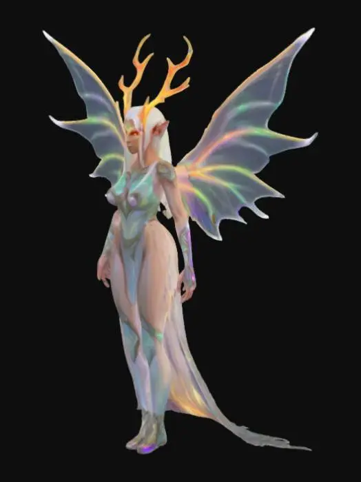 3D model for Game asset , Fliegender hochgewachsener, demonischer  Elf mit schimmernder Haut, die das Licht reflektiert. Seine mandelförmigen Augen wechseln farblich je nach Stimmung. Sein langes, seidiges Haar fließt wie ein Strom aus Licht und verändert sanft seine Farbe. Seine großen, kantigen Flügel leuchten in irisierenden Tönen und hinterlassen funkelnde Spuren. Gekleidet in eine schimmernde Rüstung aus Lichtfäden, bewegt er sich mit anmutiger, fast überirdischer Eleganz Fire eyes , #fairy#