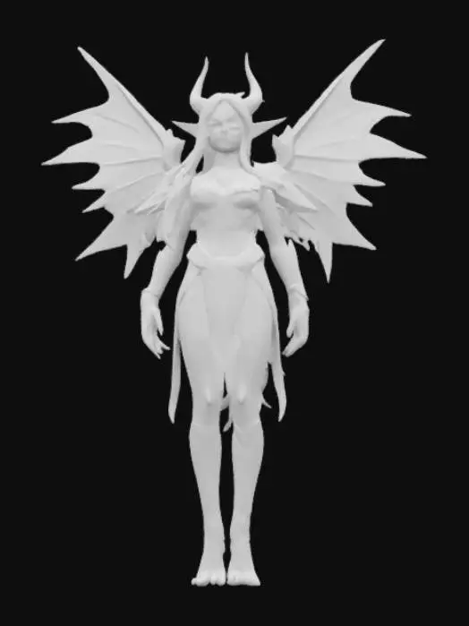 3D model for Game asset , Fliegender hochgewachsener, demonischer  Elf mit schimmernder Haut, die das Licht reflektiert. Seine mandelförmigen Augen wechseln farblich je nach Stimmung. Sein langes, seidiges Haar fließt wie ein Strom aus Licht und verändert sanft seine Farbe. Seine großen, kantigen Flügel leuchten in irisierenden Tönen und hinterlassen funkelnde Spuren. Gekleidet in eine schimmernde Rüstung aus Lichtfäden, bewegt er sich mit anmutiger, fast überirdischer Eleganz Fire eyes , #fairy#