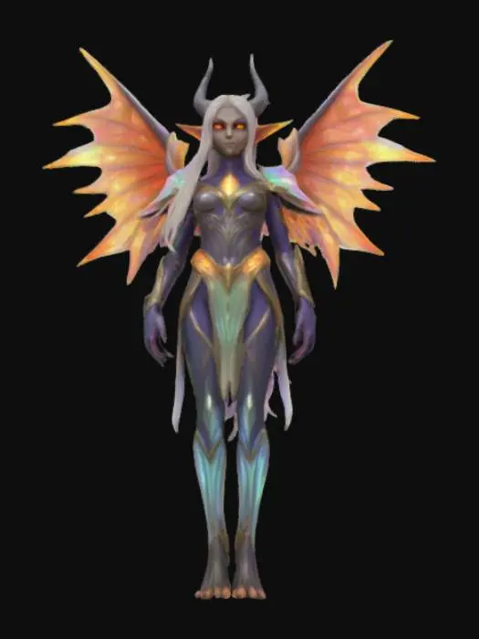 3D model for Game asset , Fliegender hochgewachsener, demonischer  Elf mit schimmernder Haut, die das Licht reflektiert. Seine mandelförmigen Augen wechseln farblich je nach Stimmung. Sein langes, seidiges Haar fließt wie ein Strom aus Licht und verändert sanft seine Farbe. Seine großen, kantigen Flügel leuchten in irisierenden Tönen und hinterlassen funkelnde Spuren. Gekleidet in eine schimmernde Rüstung aus Lichtfäden, bewegt er sich mit anmutiger, fast überirdischer Eleganz Fire eyes , #fairy#