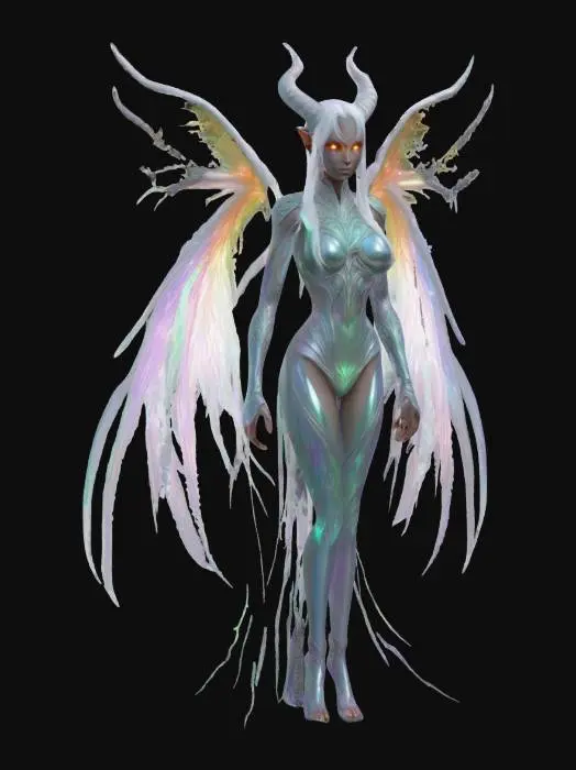 3D model for Game asset , Fliegender hochgewachsener, demonischer  Elf mit schimmernder Haut, die das Licht reflektiert. Seine mandelförmigen Augen wechseln farblich je nach Stimmung. Sein langes, seidiges Haar fließt wie ein Strom aus Licht und verändert sanft seine Farbe. Seine großen, kantigen Flügel leuchten in irisierenden Tönen und hinterlassen funkelnde Spuren. Gekleidet in eine schimmernde Rüstung aus Lichtfäden, bewegt er sich mit anmutiger, fast überirdischer Eleganz Fire eyes , #fairy#