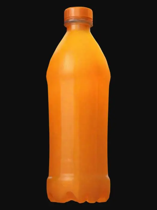 3D model for a plastic bottle filled with orange juice, orange-colored liquid inside, no label or branding, realistic style, game ready, UV unwrapped, high resolution PBR textures, clean mesh