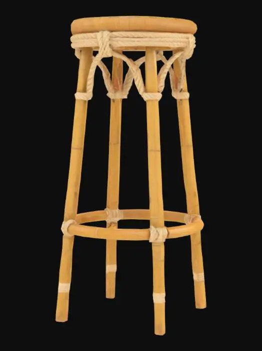 3D model for a bamboo bar stool with round seat and rope bindings, beach style, clean mesh, game ready asset, high resolution PBR textures, UV unwrapped, optimized for real-time rendering























