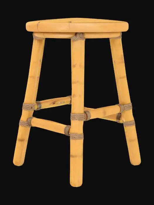 3D model for a bamboo bar stool with round seat and rope bindings, beach style, clean mesh, game ready asset, high resolution PBR textures, UV unwrapped, optimized for real-time rendering























