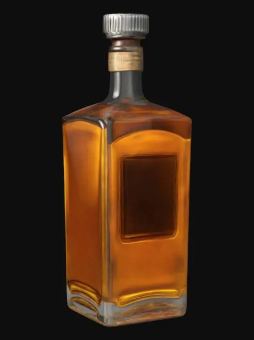 3D model for a square glass whiskey bottle with amber liquid, metal screw cap, no label, realistic look, game ready asset, UV unwrapped, high resolution PBR textures, clean mesh






































