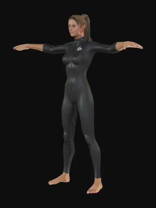 3D model for a female surfer in wetsuit, T-pose, athletic build, wet hair, ready for animation and rigging, game ready character with PBR textures, UV unwrapped, clean topology, realistic style










