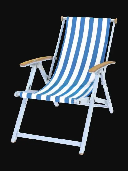 3D model for a striped foldable beach chair with aluminum frame, slightly worn fabric, realistic proportions, game ready, clean topology, UV unwrapped, PBR textures, suitable for real-time game use


