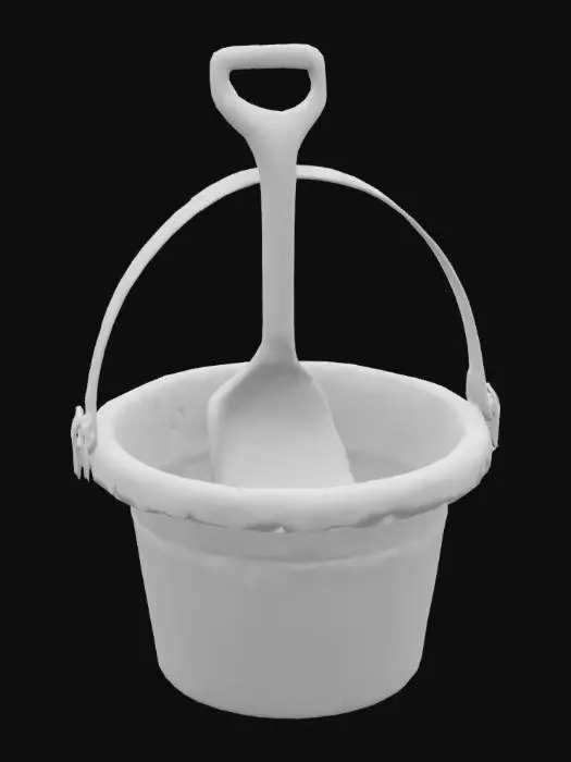 3D model for a small red plastic sand bucket and yellow shovel, children's beach toys, stylized realism, game ready, high resolution textures, UV unwrapped, clean mesh optimized for game engines




