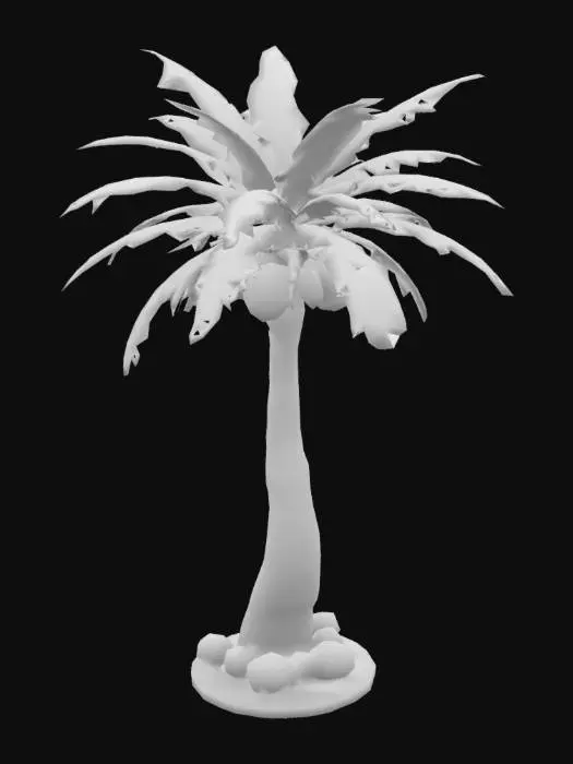 3D model for a tropical palm tree with coconuts, curved trunk and wide green leaves, realistic style, game ready, high resolution textures, UV unwrapped, PBR materials, clean mesh for game engines

