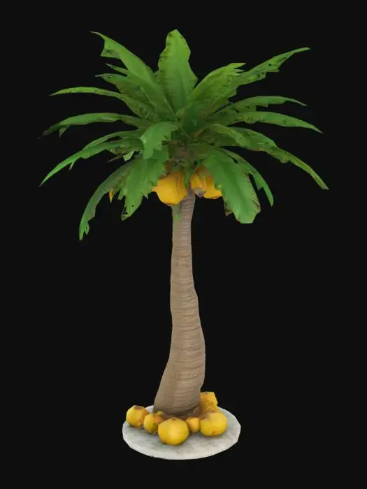 3D model for a tropical palm tree with coconuts, curved trunk and wide green leaves, realistic style, game ready, high resolution textures, UV unwrapped, PBR materials, clean mesh for game engines

