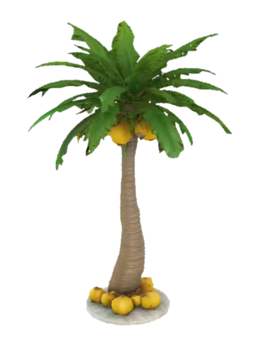 a tropical palm tree with coconuts, curved trunk and wide green leaves, realistic… - Coconut 3D model, vytvořený pomocí AI