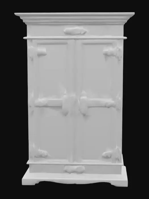 3D model for A medieval wooden wardrobe, hand-crafted from thick oak planks for a rustic tavern bedroom, purely functional, no carvings or ornamentation. Worn, slightly stained surface, iron hinges, irregular texture, soft rounded corners. Game-ready, centered on the origin, optimized geometry, no modern elements