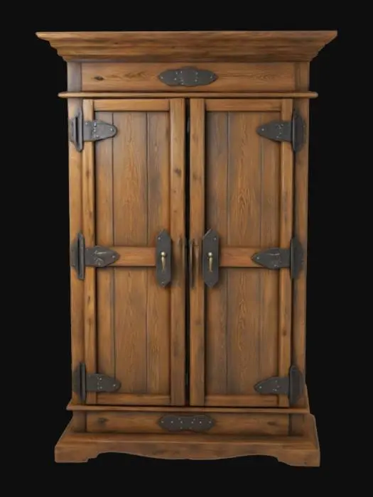 3D model for A medieval wooden wardrobe, hand-crafted from thick oak planks for a rustic tavern bedroom, purely functional, no carvings or ornamentation. Worn, slightly stained surface, iron hinges, irregular texture, soft rounded corners. Game-ready, centered on the origin, optimized geometry, no modern elements