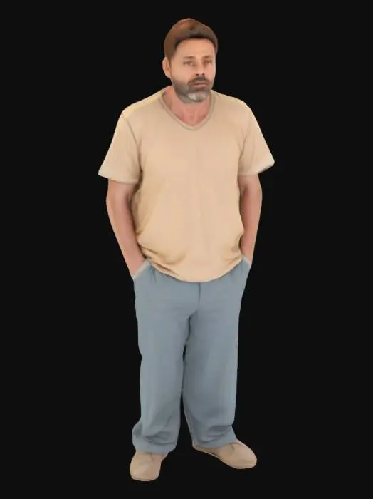 3D model for Ein etwa 45-jähriger, bodenständig wirkender Mann mit kurzen braunen Haaren und ruhigem Gesichtsausdruck steht ina pose. Er trägt ein schlichtes beige-blaues Gewand mit dezenten Mustern.