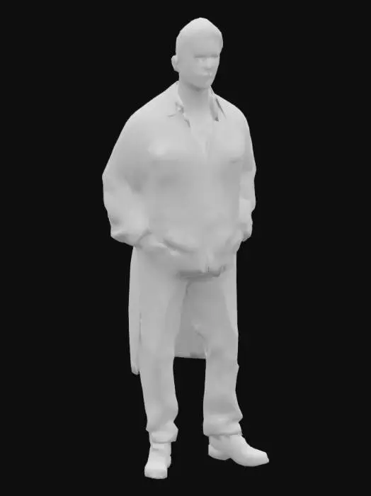3D model for Ein etwa 45-jähriger, bodenständig wirkender Mann mit kurzen braunen Haaren und ruhigem Gesichtsausdruck steht ina pose. Er trägt ein schlichtes beige-blaues Gewand mit dezenten Mustern. 