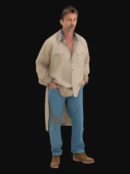 3D model for Ein etwa 45-jähriger, bodenständig wirkender Mann mit kurzen braunen Haaren und ruhigem Gesichtsausdruck steht ina pose. Er trägt ein schlichtes beige-blaues Gewand mit dezenten Mustern. 