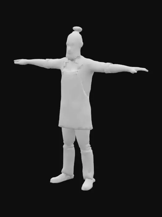 3D model for A game-ready 3D avatar of a 34-year-old male barista, hipster style, wearing a denim apron over a plaid shirt, black jeans, and loafers. Man bun with full beard. Low-poly model with PBR textures for denim and skin, T-pose.