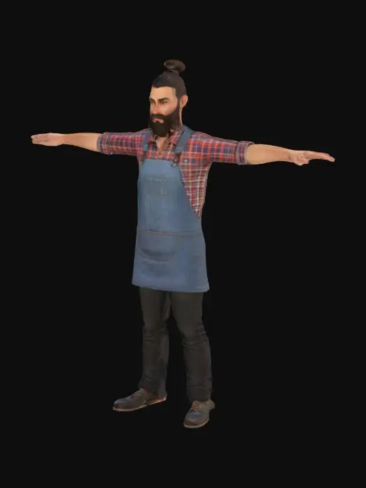3D model for A game-ready 3D avatar of a 34-year-old male barista, hipster style, wearing a denim apron over a plaid shirt, black jeans, and loafers. Man bun with full beard. Low-poly model with PBR textures for denim and skin, T-pose.