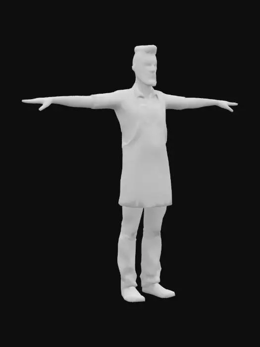 3D model for A game-ready 3D avatar of a 34-year-old male barista, hipster style, wearing a denim apron over a plaid shirt, black jeans, and loafers. Man bun with full beard. Low-poly model with PBR textures for denim and skin, T-pose.