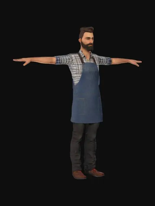 3D model for A game-ready 3D avatar of a 34-year-old male barista, hipster style, wearing a denim apron over a plaid shirt, black jeans, and loafers. Man bun with full beard. Low-poly model with PBR textures for denim and skin, T-pose.