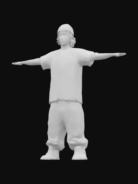 3D model for A game-ready 3D avatar of a 15-year-old male skateboarder, streetwear style, wearing a loose tie-dye T-shirt, baggy jeans, and high-top sneakers. Shaggy blonde hair, beanie. Low-poly model with PBR textures for worn fabric and youthful skin, T-pose.