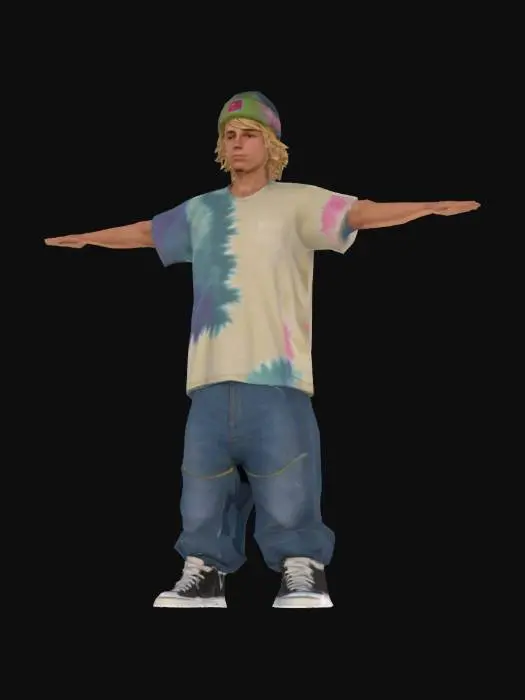3D model for A game-ready 3D avatar of a 15-year-old male skateboarder, streetwear style, wearing a loose tie-dye T-shirt, baggy jeans, and high-top sneakers. Shaggy blonde hair, beanie. Low-poly model with PBR textures for worn fabric and youthful skin, T-pose.