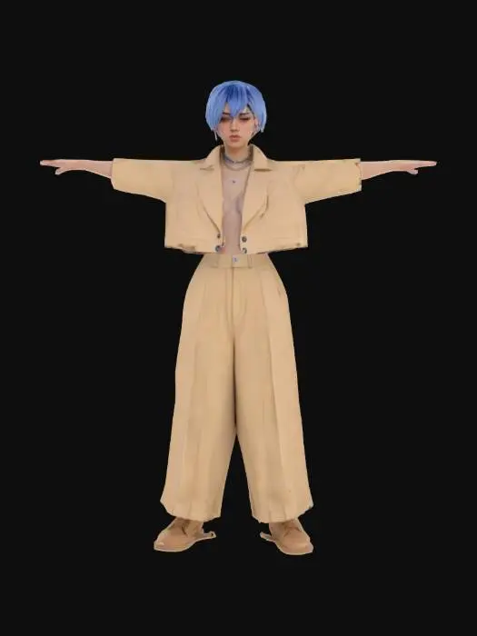 3D model for A game-ready 3D avatar of a 23-year-old non-binary influencer, gender-neutral fashion, wearing a cropped beige jacket, loose trousers, and platform shoes. Short dyed blue hair, multiple ear piercings. Low-poly model with PBR textures for modern fabric and skin, T-pose.