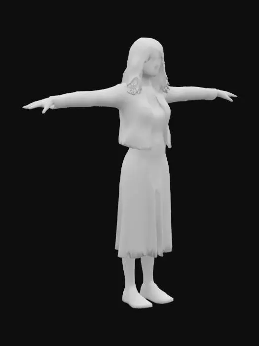 3D model for A game-ready 3D avatar of a 32-year-old female, modern mom style, wearing a floral midi dress, denim jacket, and white sneakers. Long wavy brown hair, carrying a small tote bag. Low-poly model with PBR textures for realistic fabric and skin, T pose