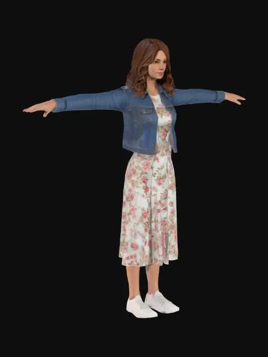 3D model for A game-ready 3D avatar of a 32-year-old female, modern mom style, wearing a floral midi dress, denim jacket, and white sneakers. Long wavy brown hair, carrying a small tote bag. Low-poly model with PBR textures for realistic fabric and skin, T pose