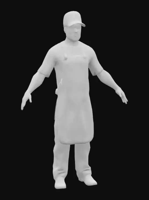 3D model for A game-ready 3D avatar of a 45-year-old male street-food vendor, casual work style, wearing a branded apron over a grey T-shirt, denim jeans, and a baseball cap. Short black hair, slight stubble. Low-poly, PBR-textured model for realistic worn fabric and skin,T pose