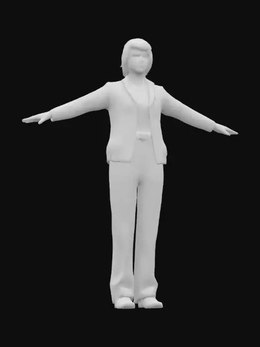 3D model for A game-ready 3D avatar of a 65-year-old female, casual everyday style, wearing a light blue cardigan, beige trousers, and comfortable flats. Gray hair in a short bob, minimal accessories. Low-poly model with PBR textures for realistic skin and clothing, T pose