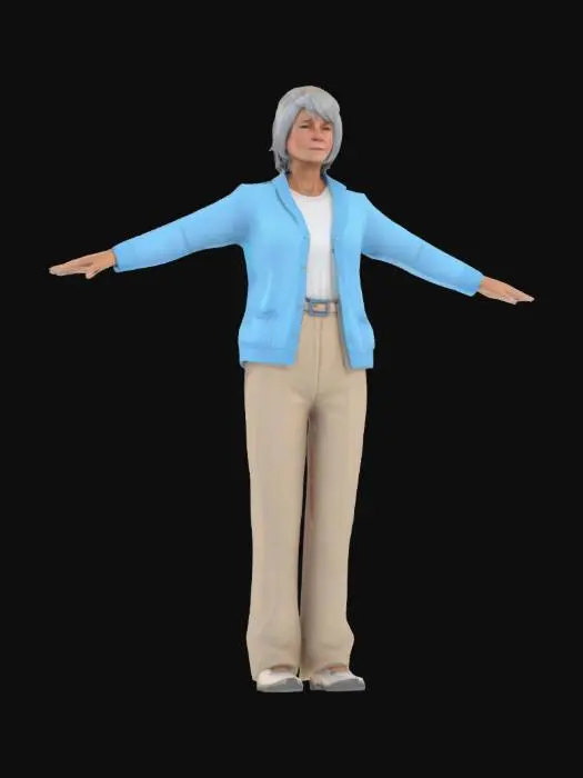 3D model for A game-ready 3D avatar of a 65-year-old female, casual everyday style, wearing a light blue cardigan, beige trousers, and comfortable flats. Gray hair in a short bob, minimal accessories. Low-poly model with PBR textures for realistic skin and clothing, T pose