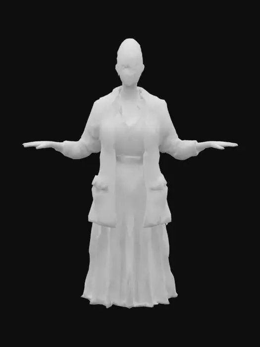 3D model for A game-ready 3D avatar of a 55-year-old female librarian, classic style, wearing a cardigan over a floral blouse, long skirt, and glasses on a chain. Grey hair in a neat updo. Low-poly model with PBR textures for soft fabric and mature skin, T-pose.