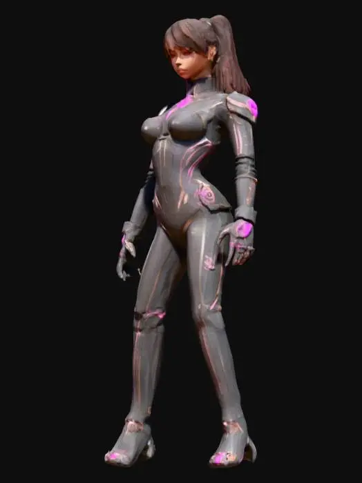 3D model for Stilisierter Sci-Fi-Krieger mit Waage-Energie, harmonisch, charismatisch, anmutig. Symmetrische, polierte Silber-Schwarz-Rüstung mit eleganten, rosa-goldenen Energie-Linien, perfekt ausbalanciert. Cyber-Arm mit holografischem Interface für Analyse und Kommunikation. Gesicht sichtbar: sanfte, aber entschlossene Augen, mittellanges, seidig dunkelbraunes Haar. A-Pose, anmutige, ausgeglichene Haltung, sehr detailliert. 