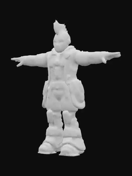 3D model for Create a game-ready 3D model of a cyberpunk cybernetic mercenary avatar set in a futuristic neon-lit city. The mercenary is a male in his late 30s with a rugged face, mechanical jaw implant, and buzz-cut hair. He wears a reinforced exosuit with metallic plates and embedded LED strips, paired with heavy-duty boots. Textures are PBR with 2K resolution, including diffuse, normal, metallic, and roughness maps, showing scratched metal and worn synthetic fabrics. The model is posed in a neutral T-pose for rigging compatibility, with a semi-realistic style balanced for detail and performance.