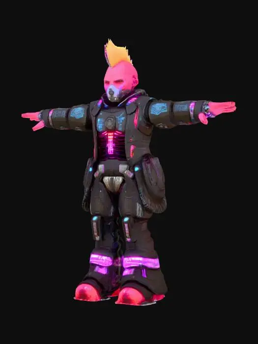 3D model for Create a game-ready 3D model of a cyberpunk cybernetic mercenary avatar set in a futuristic neon-lit city. The mercenary is a male in his late 30s with a rugged face, mechanical jaw implant, and buzz-cut hair. He wears a reinforced exosuit with metallic plates and embedded LED strips, paired with heavy-duty boots. Textures are PBR with 2K resolution, including diffuse, normal, metallic, and roughness maps, showing scratched metal and worn synthetic fabrics. The model is posed in a neutral T-pose for rigging compatibility, with a semi-realistic style balanced for detail and performance.