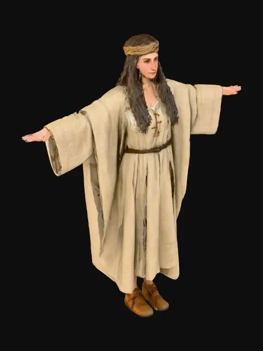 3D model for Create a game-ready 3D model of a medieval herbalist avatar from the European Middle Ages (12th–15th century). The herbalist is a female in her late 20s with a gentle expression and long, loose hair under a woven headband. She wears a simple linen dress with a high waist, a shawl, and soft leather shoes. Textures are PBR with 2K resolution, including diffuse, normal, metallic, and roughness maps, showing earthy fabric tones and subtle dirt marks. The model is posed in a neutral T-pose for rigging compatibility, with a semi-realistic style balanced for detail and performance.