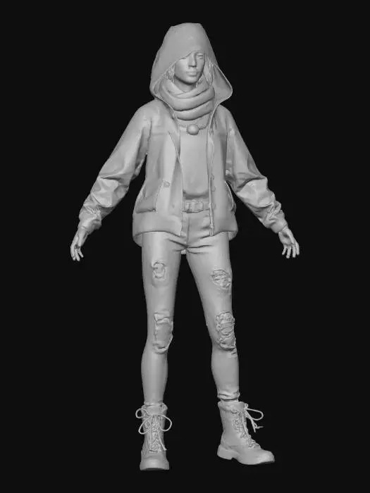 3D model for Realistic female civilian character in T-Pose, Game Ready with PBR textures. Dirty hooded jacket, patched pants, rugged shoes, scarf. Worn clothing textures with scratches and dust. Neutral face, no weapons, no props."